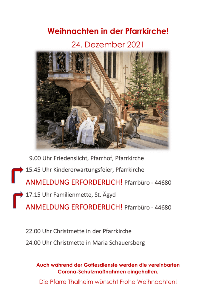 Informationsplakat der Pfarre Thalheim zu den Gottesdiensten am 24. Dezember